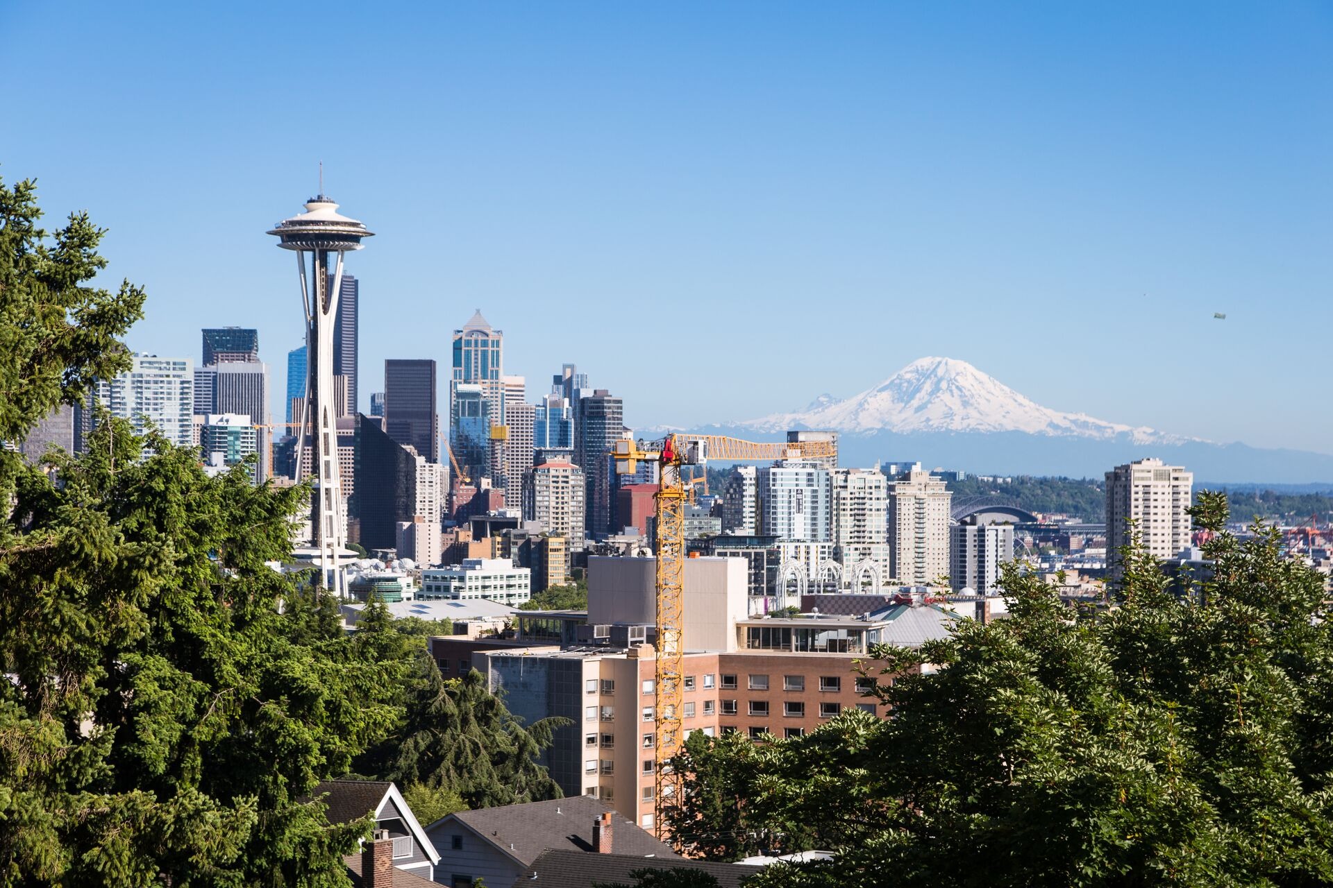 Famous view of Seattle Skyline with The Space Needle and Mt Rainier 
