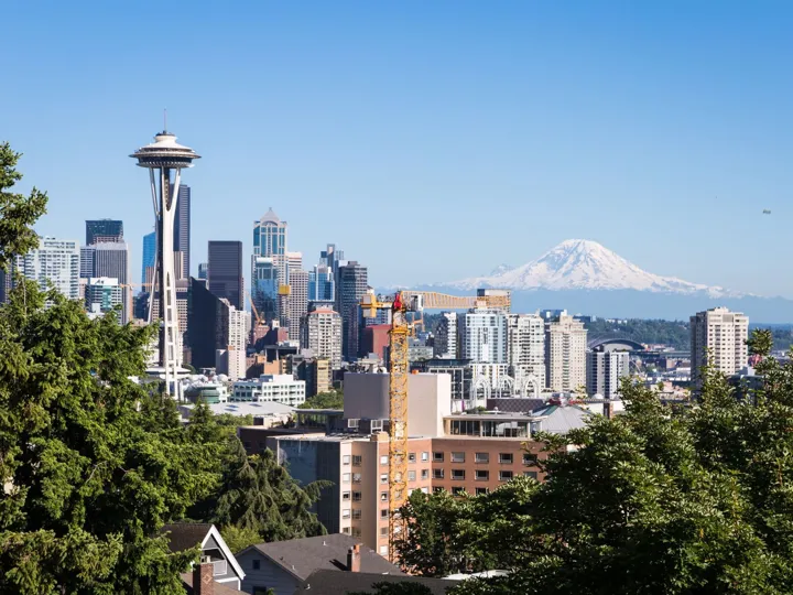 Famous view of Seattle Skyline with The Space Needle and Mt Rainier