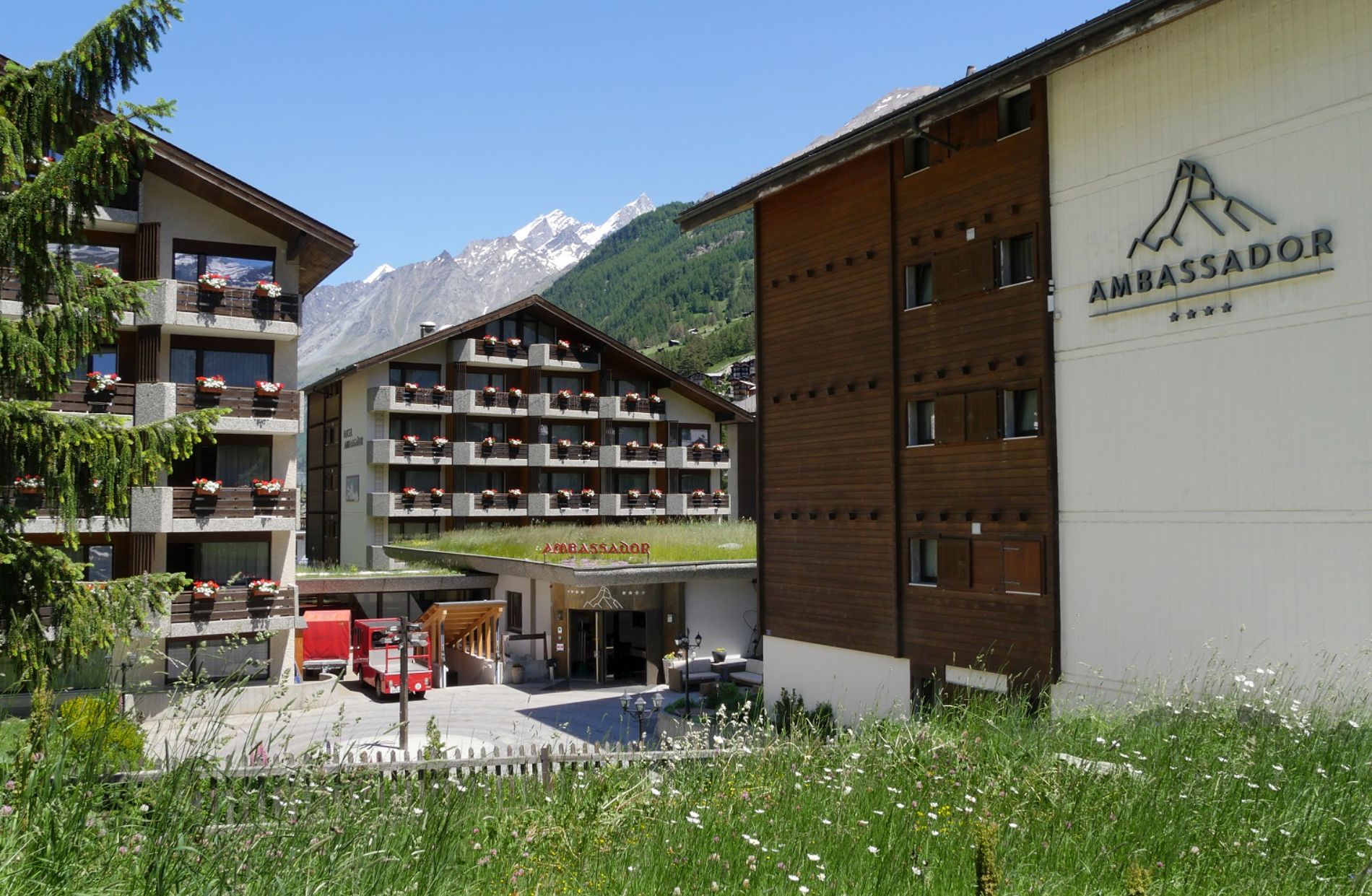 Hotel Ambassador surrounded by mountains in Zermatt, Switzerland 