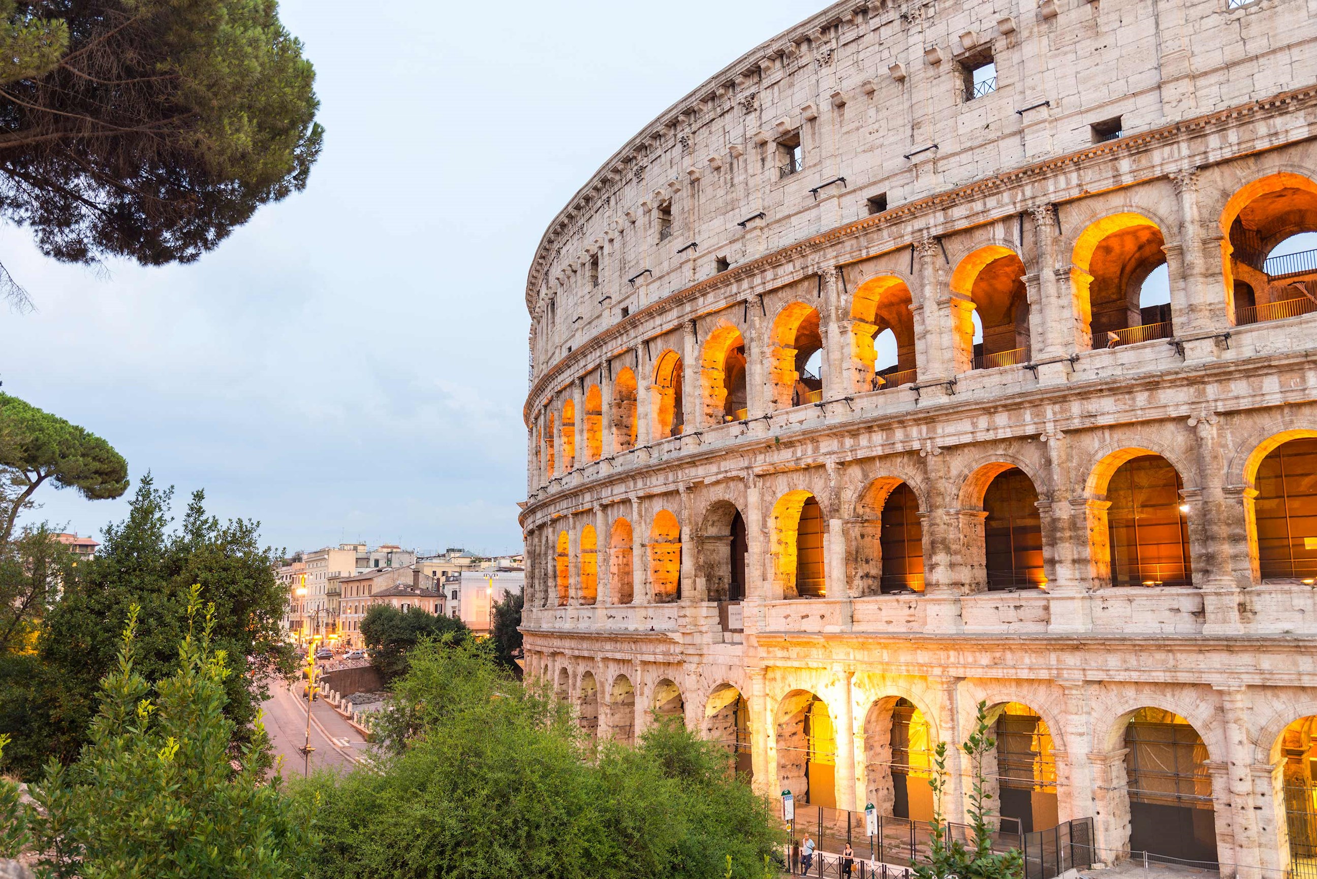 External view of the illuminated Colosseum in Rome, Italy