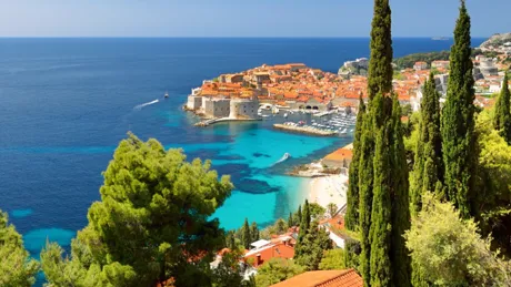 Scenic city by the sea view with vibrant green trees in the foreground