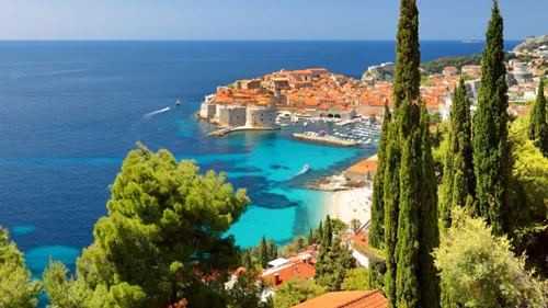 Scenic city by the sea view with vibrant green trees in the foreground