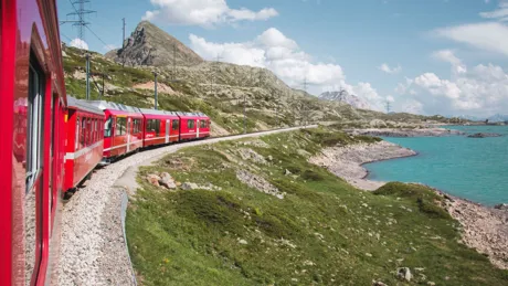 Train going through Poschiavo, Switzerland