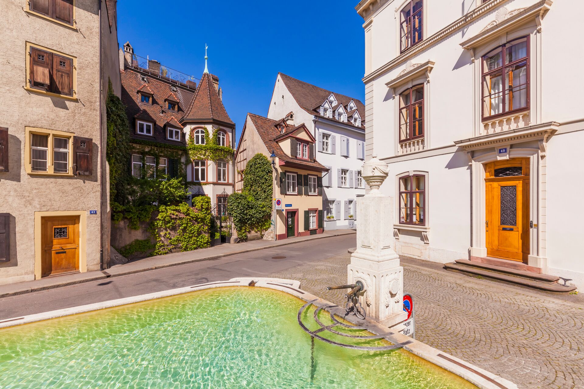 Old town at St. Alban-Vorstadt in Basel, Switzerland on a sunny day