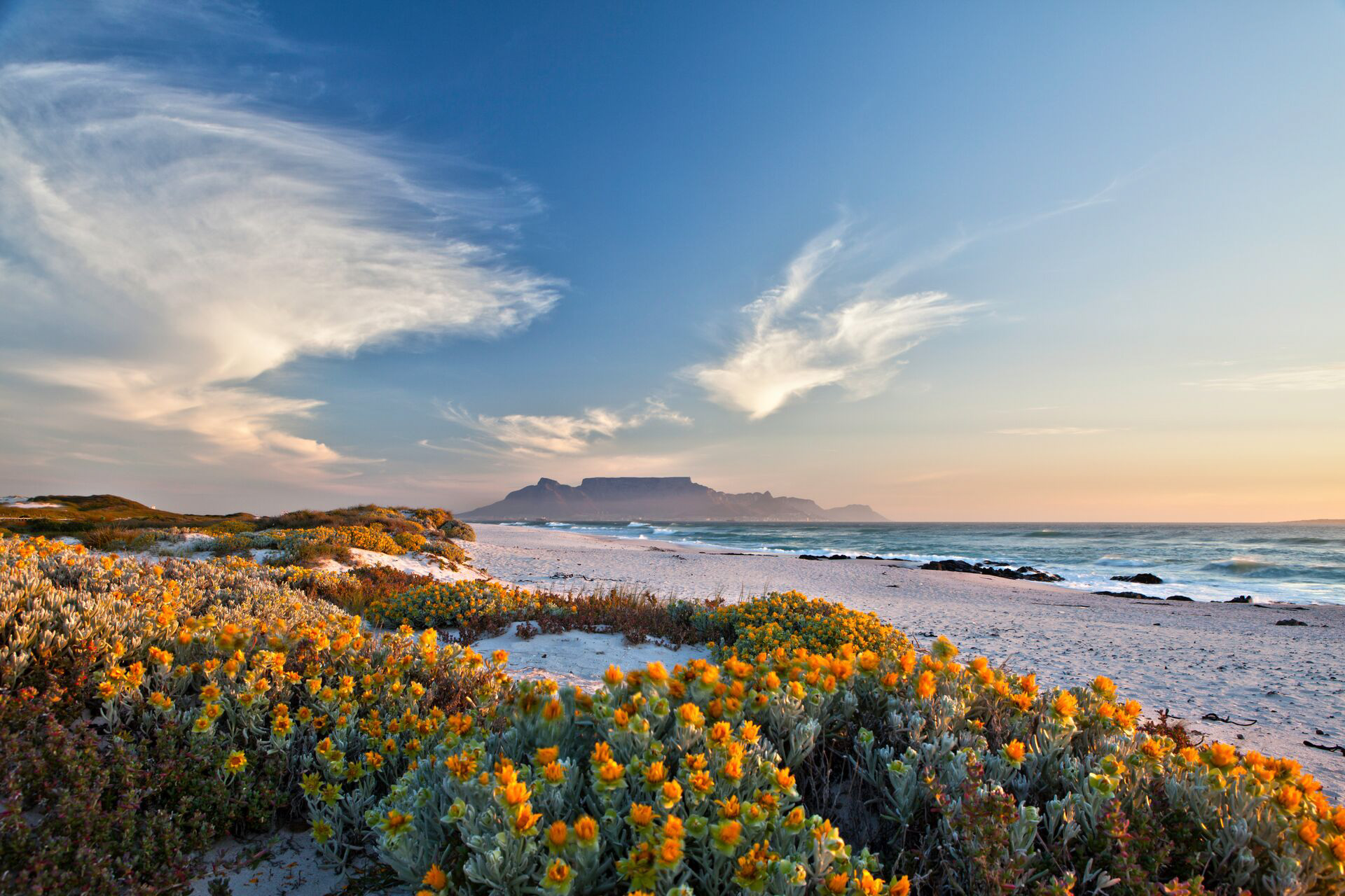 Table Mountain seen from Bloubergstrand in Cape Town, South Africa 