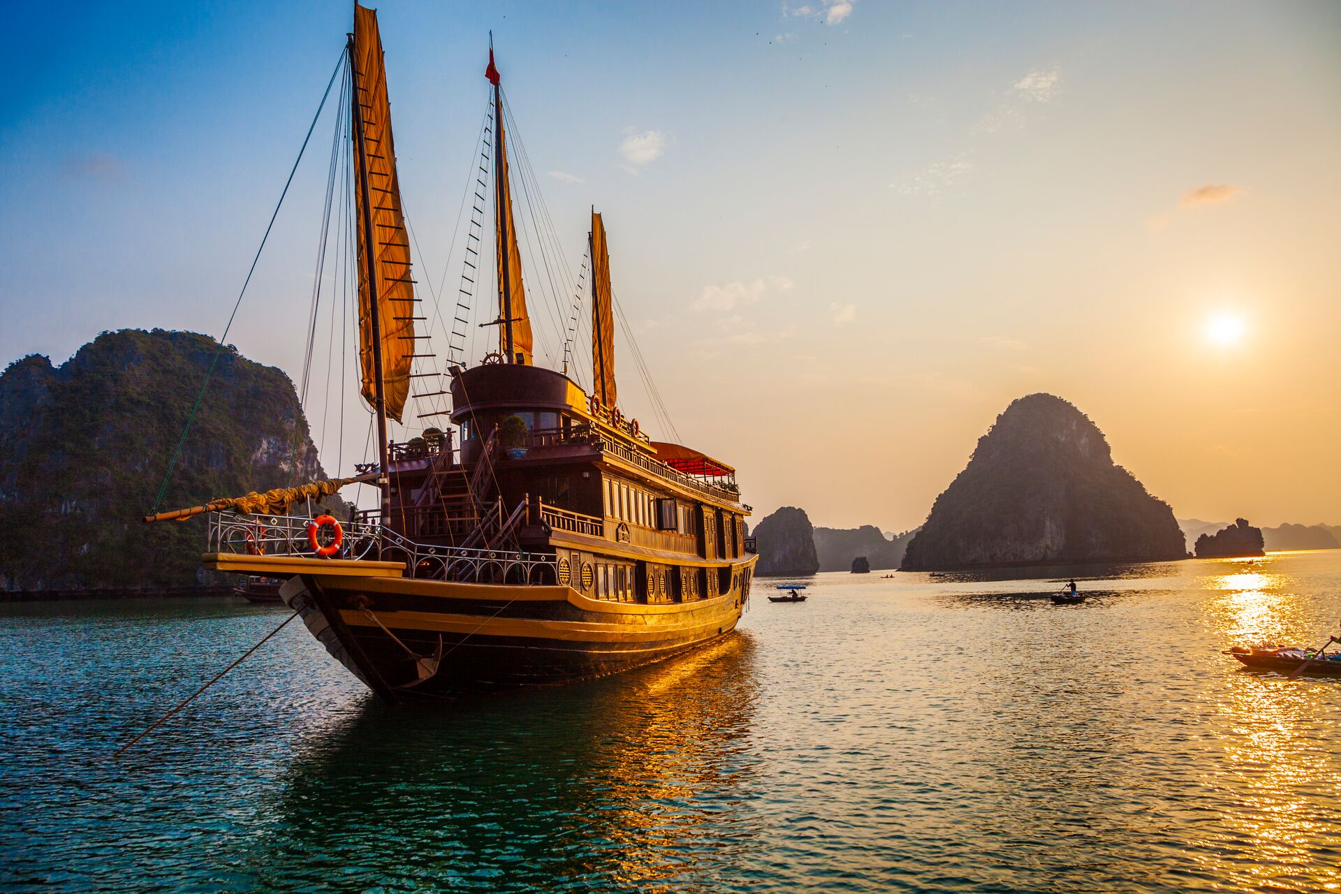 Chinese Boat In Halong Bay at sunset