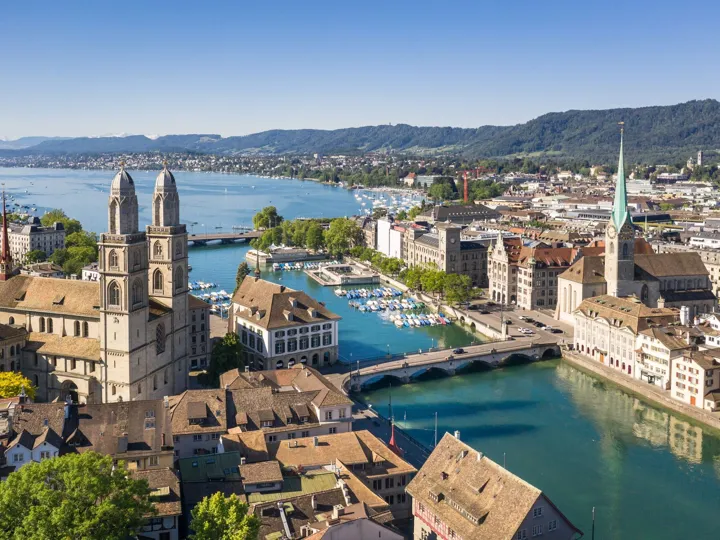 Zurich Old Town By The Limmat River On A Sunny Summer Day In Switzerland Largest City