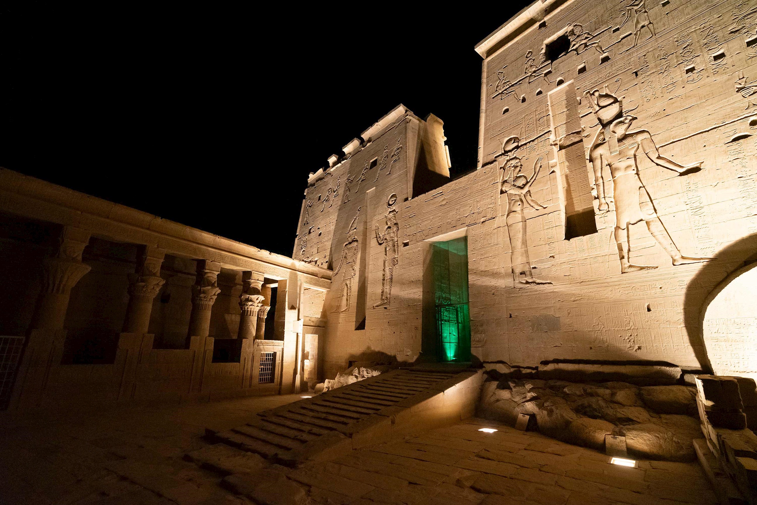 An evening view of the Temple of Philae light performance in Aswan, Egypt