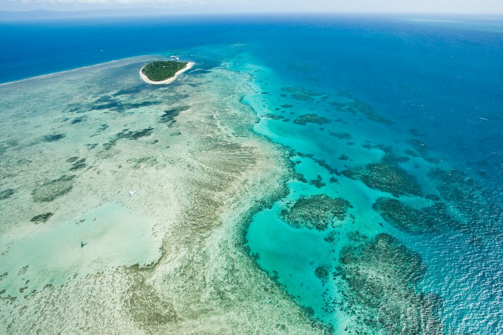 Green island on Great Barrier Reef from the sky