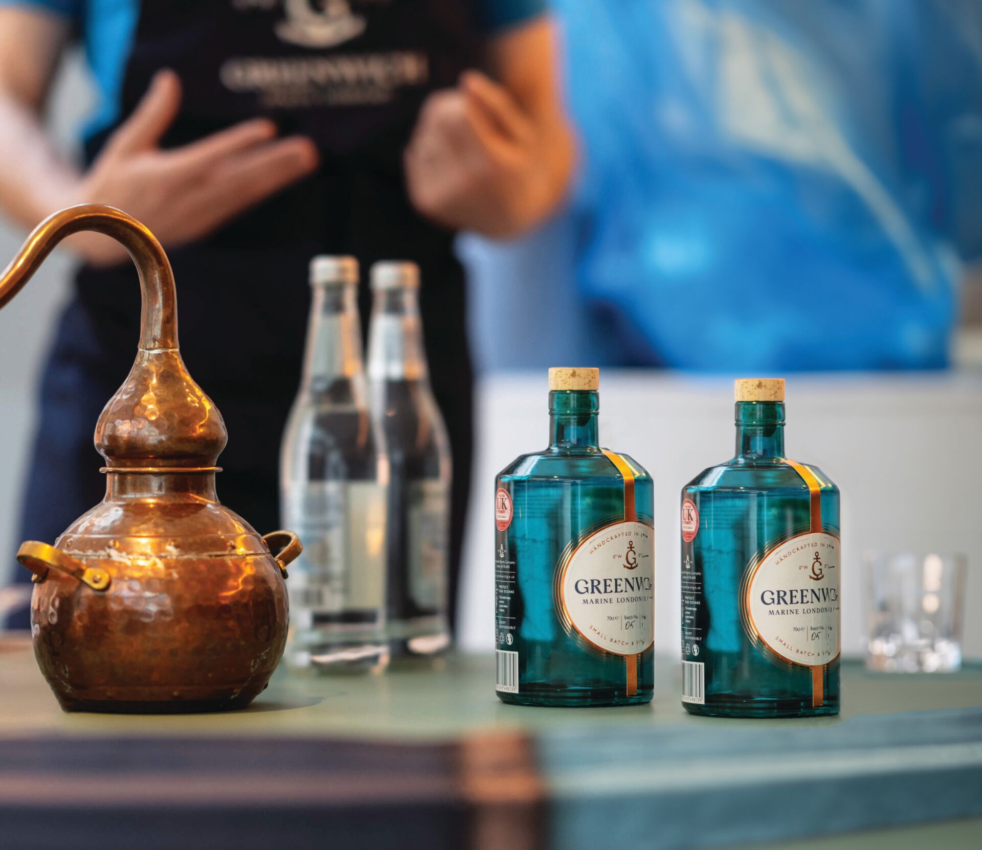 Close-up of gin bottles from a tasting and masterclass session