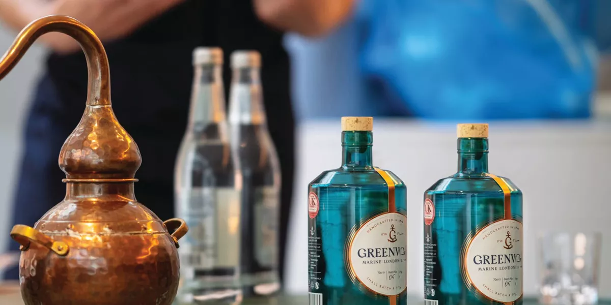 Close-up of gin bottles from a tasting and masterclass session