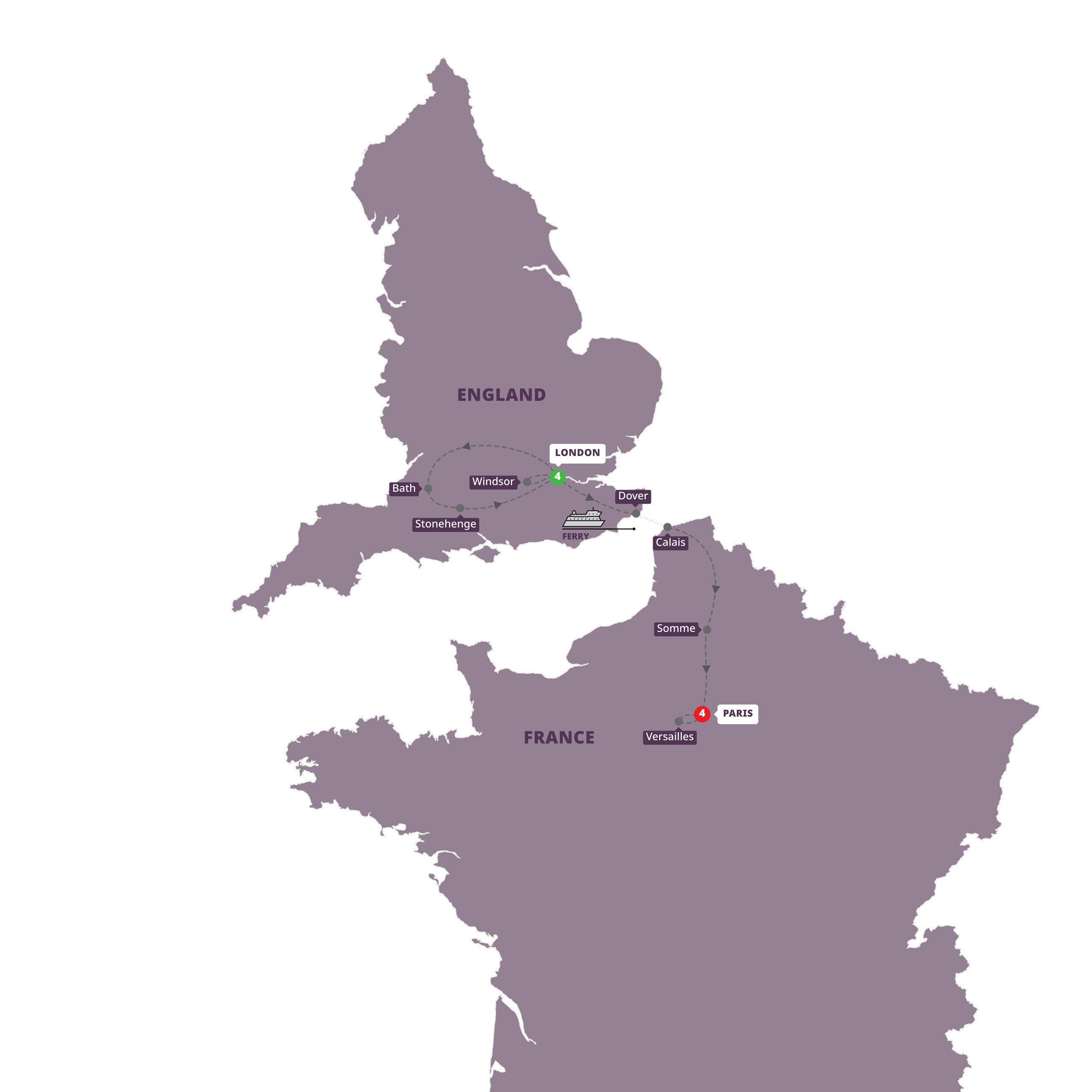 A map highlighting different stops on the Trafalgar London & Paris Explorer tour