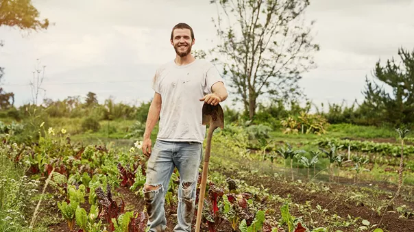 Man stood in field with shovel