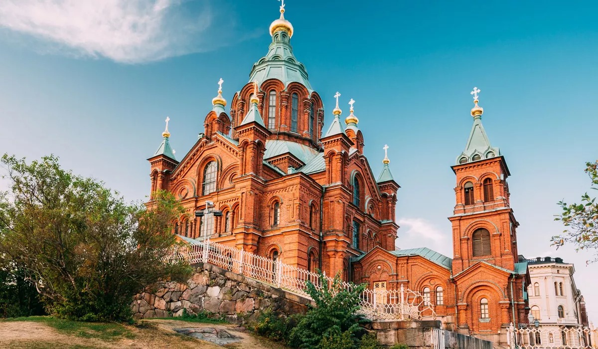 Red brick Greek Orthodox Uspenski Cathedral in Helsinki, Finland