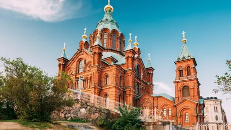 Red brick Greek Orthodox Uspenski Cathedral in Helsinki, Finland