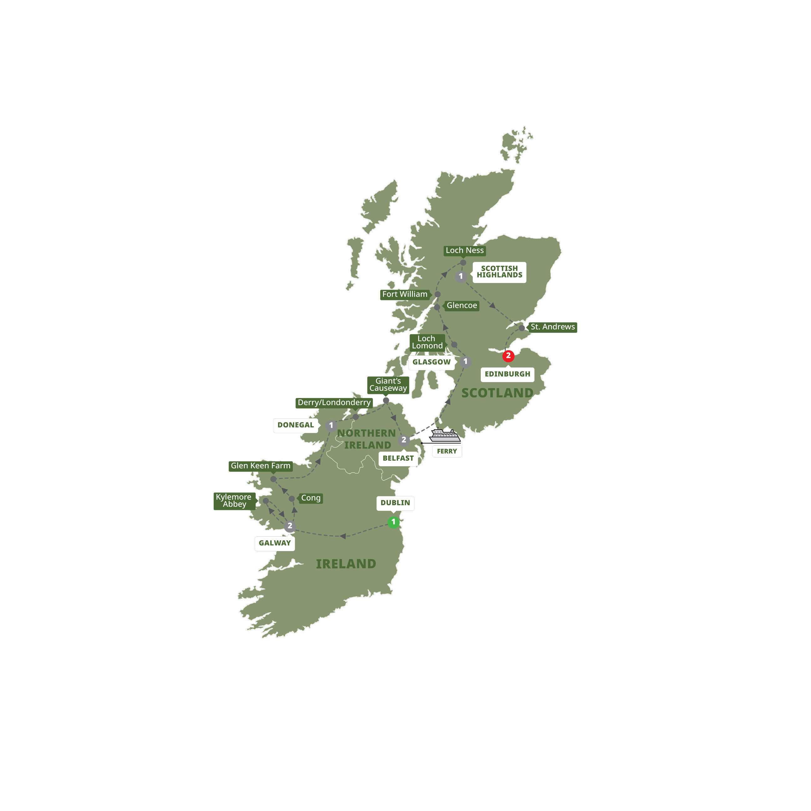 A map highlighting different stops on the Trafalgar's Highlights of Ireland and Scotland tour