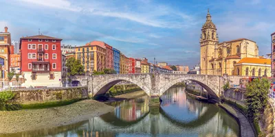 Scenic view of the Church of San Anton and San Anton Bridge in Bilbao, Spain