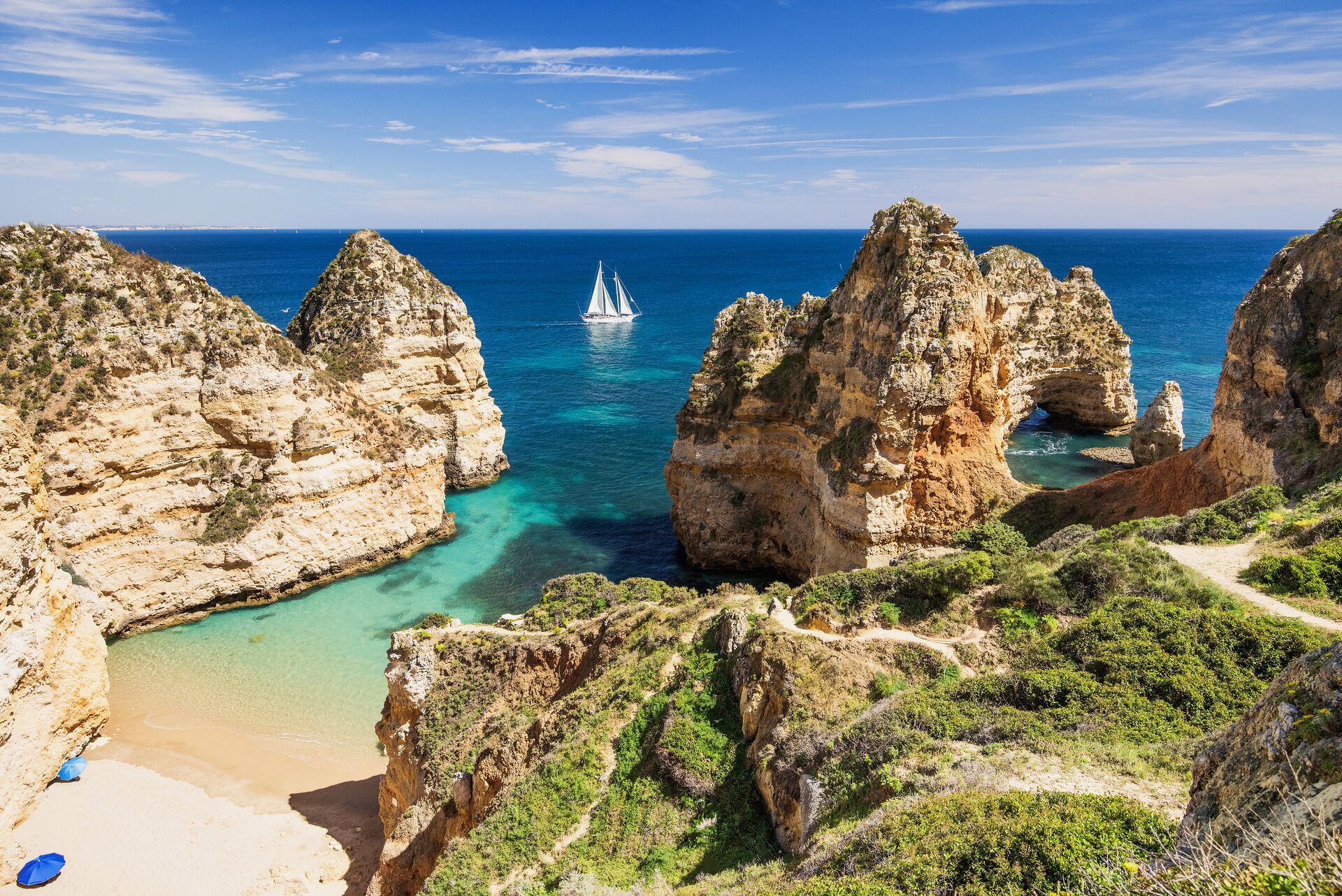 A sunny beach on the Algarve Coast in Portugal