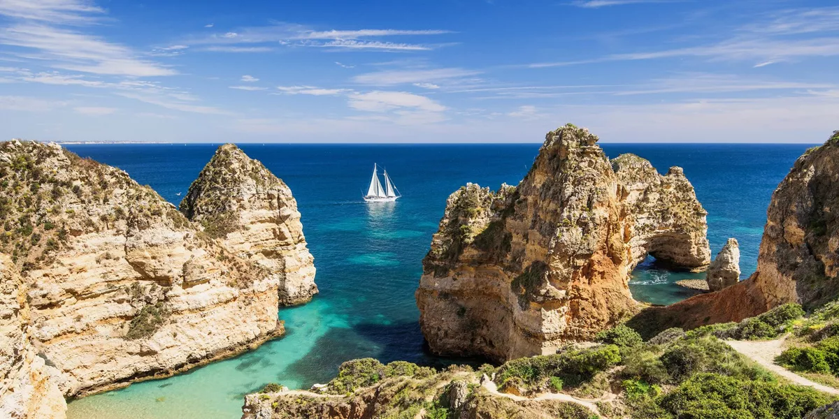 A sunny beach on the Algarve Coast in Portugal
