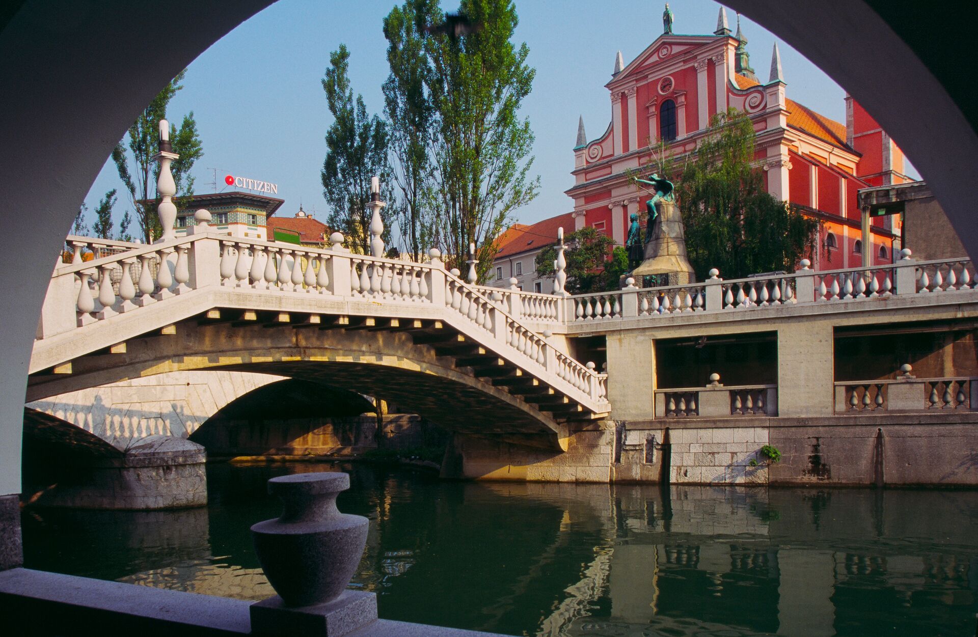 Shot from under arch of bridge in Ljubljana, Slovenia