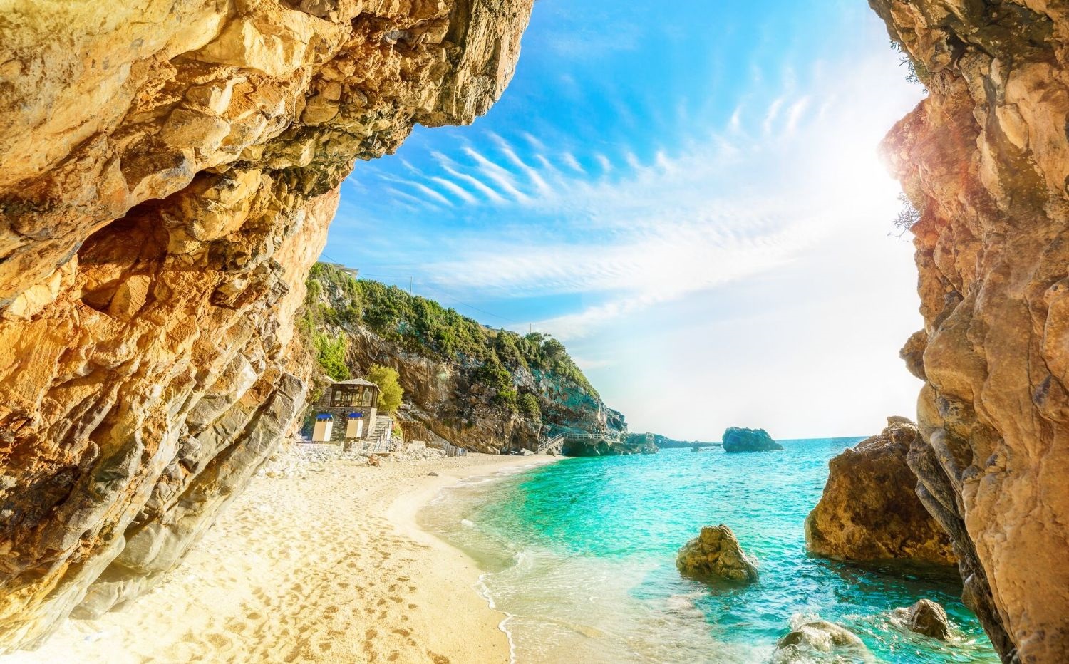 Bay with beach and rocky cliffs on Corfu, Greece