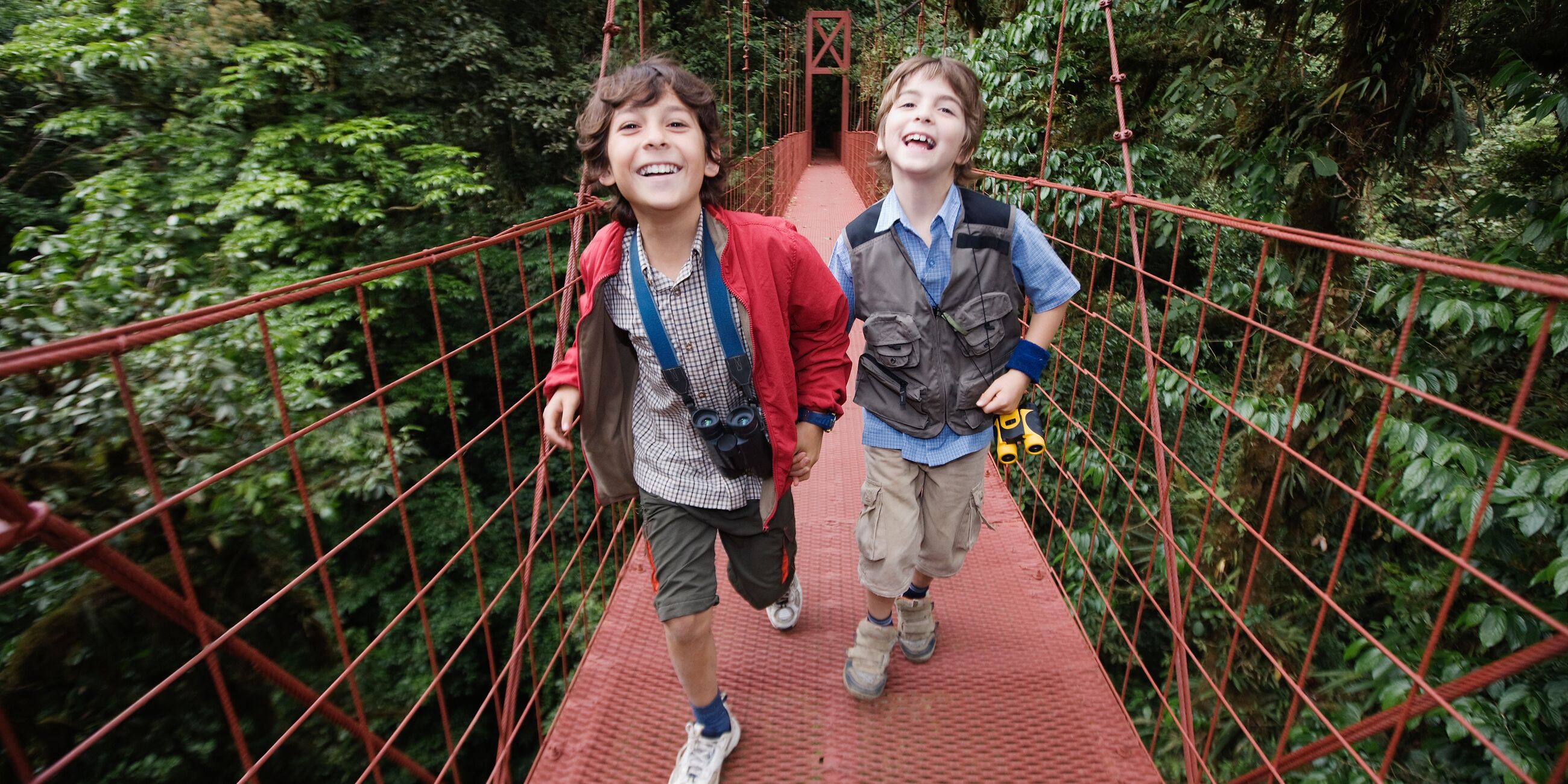 Boys on a suspension bridge in the trees
