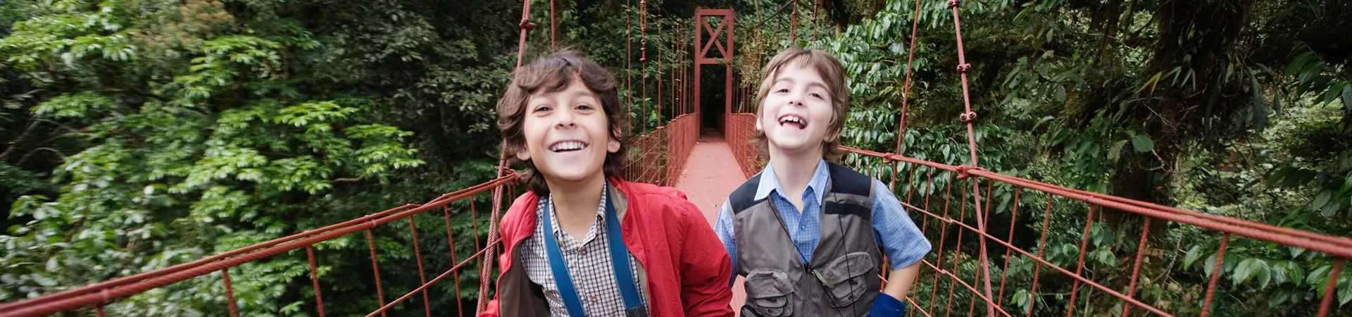 Boys on a suspension bridge in the trees