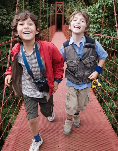 Boys on a suspension bridge in the trees