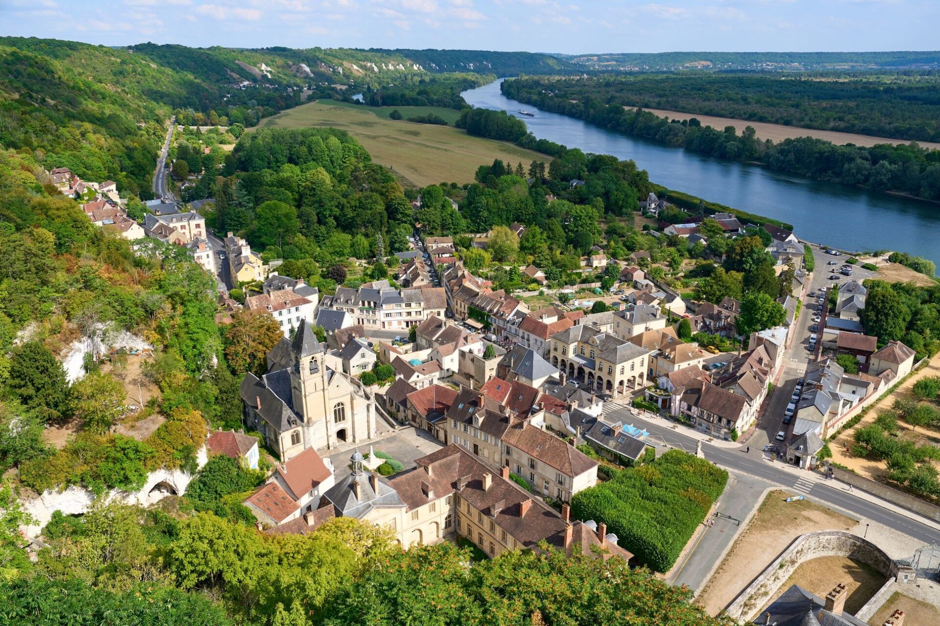 Aerial view of La Roche-Guyon, a medieval village next to the River Seine in France