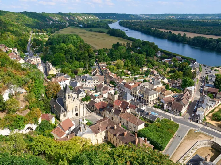 Aerial view of La Roche-Guyon, a medieval village next to the River Seine in France