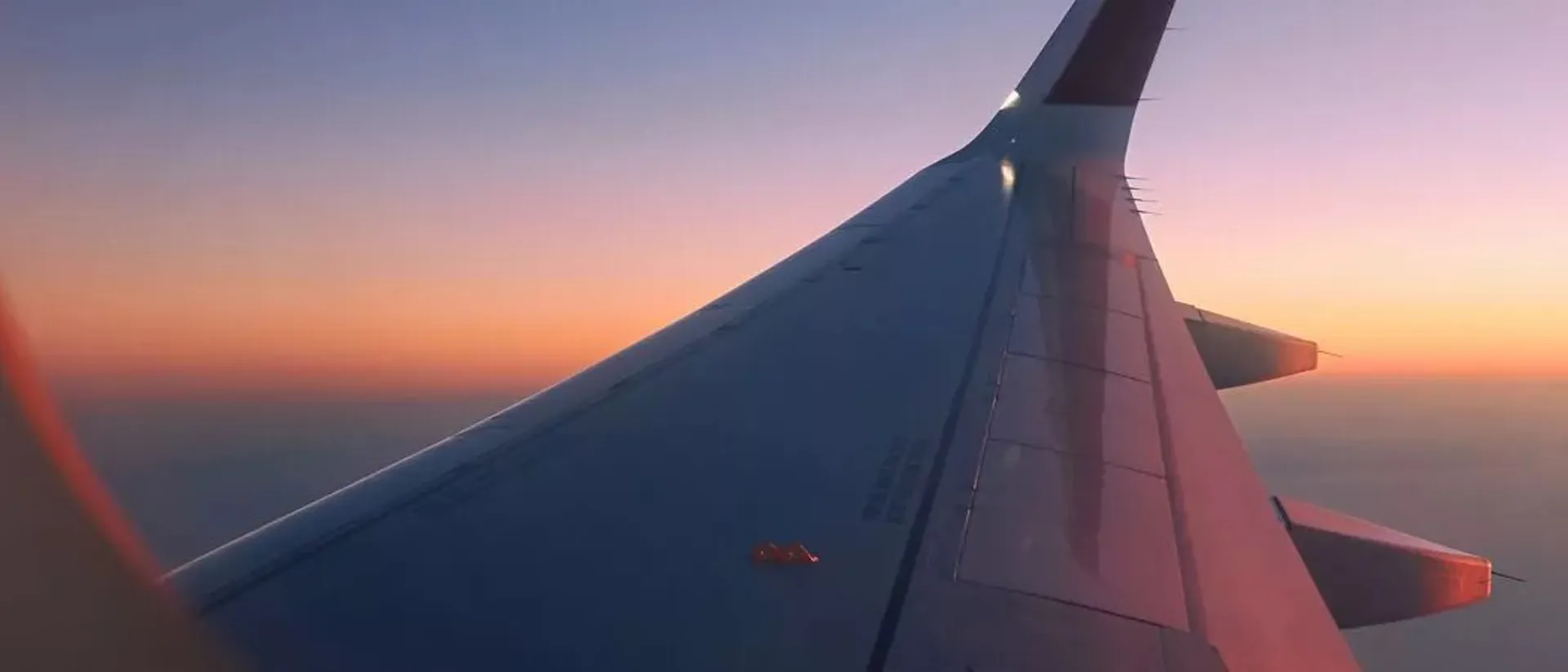 Plane wing at dusk seen through plane window