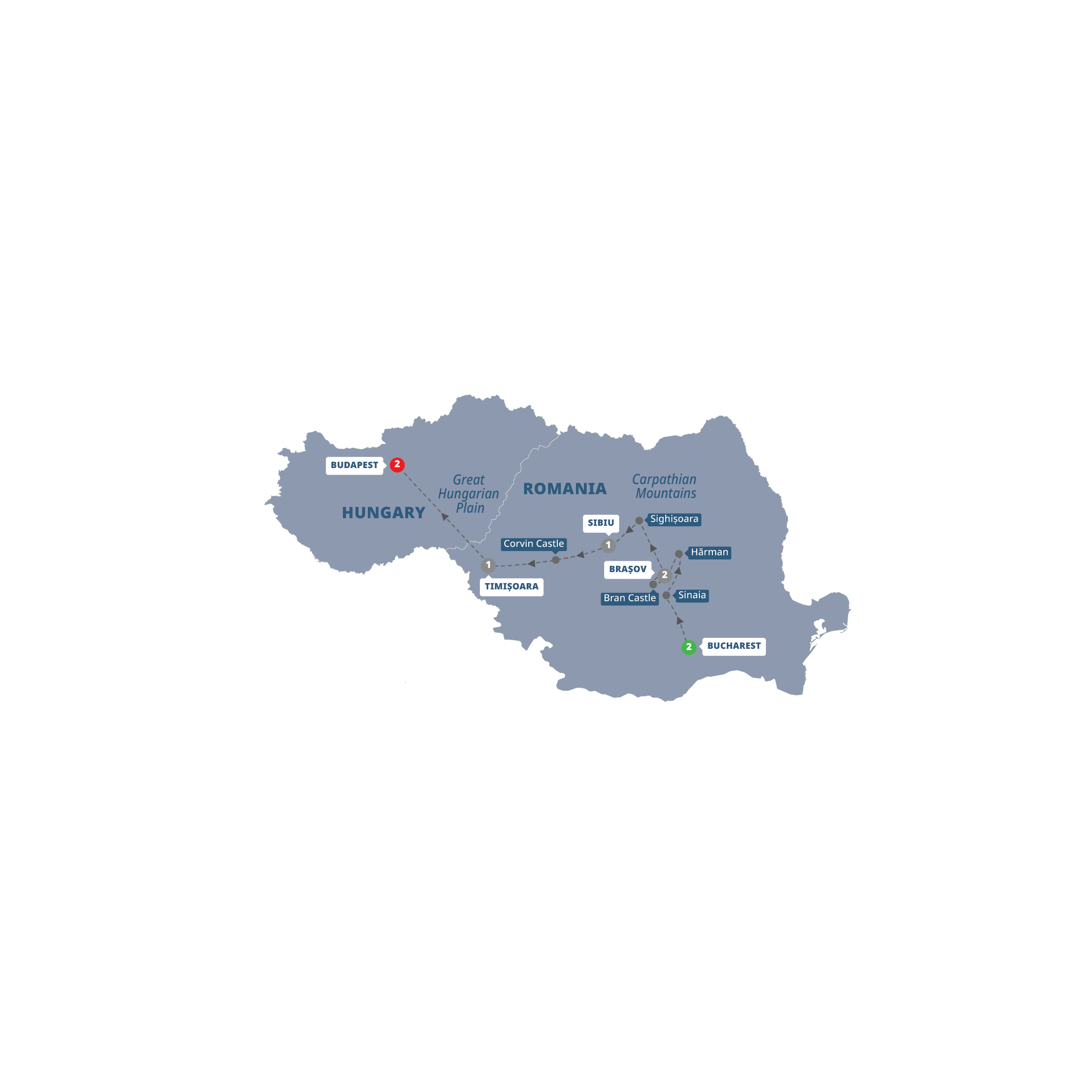 Best of Romania, Transylvania and Hungary Guided Tour Map 2027