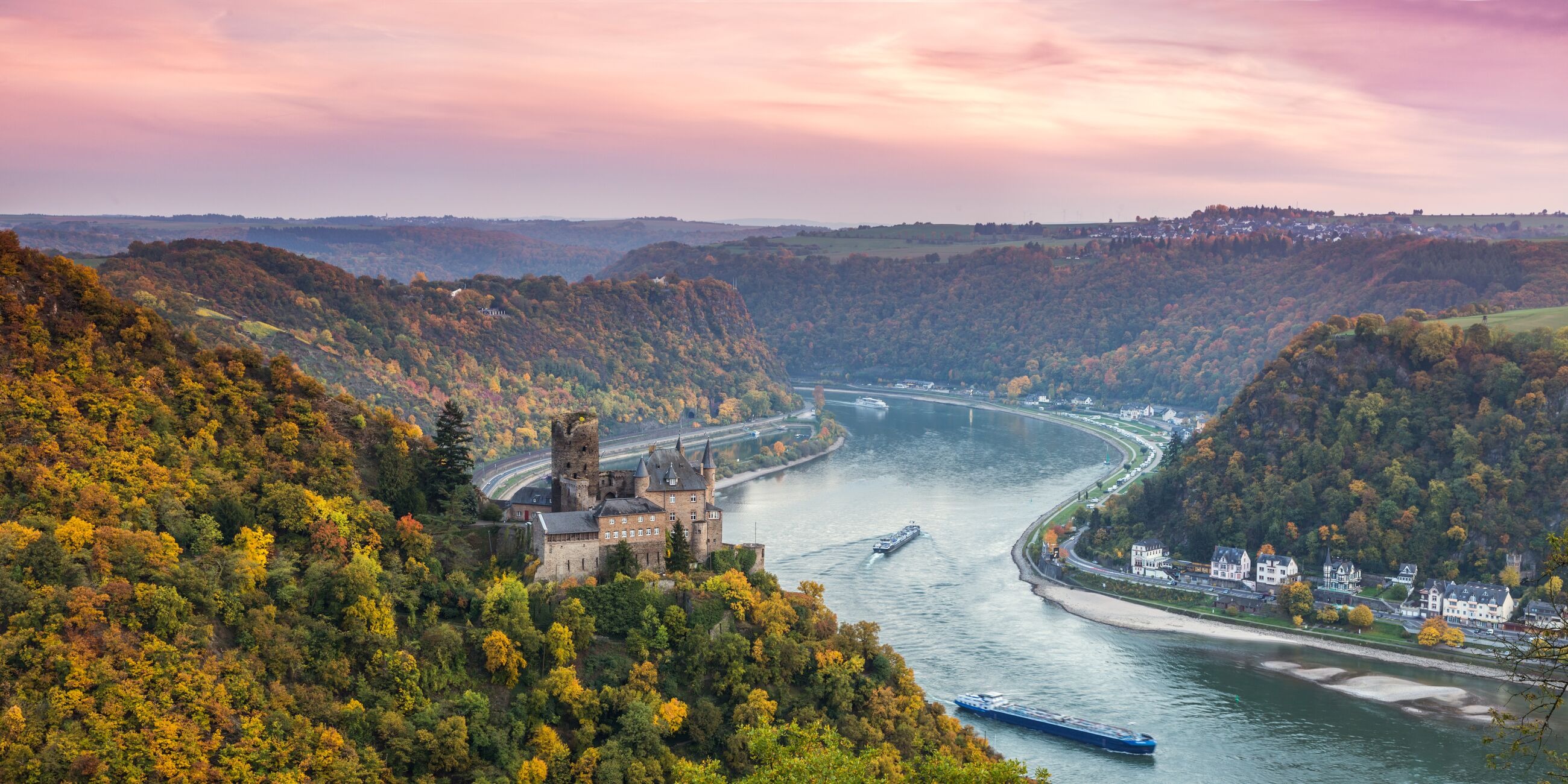 Burg Katz Castle in Germany with the Rhine in the background in autumn