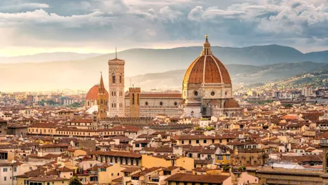 Large Beautiful Sunset Cityscape View Of The Santa Maria Nouvelle Duomo And The Town Of Florence In The Italian Tuscany