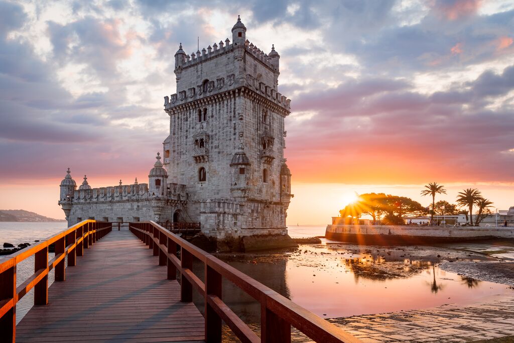 Sunset in Torre Belem in Lisbon, Portugal