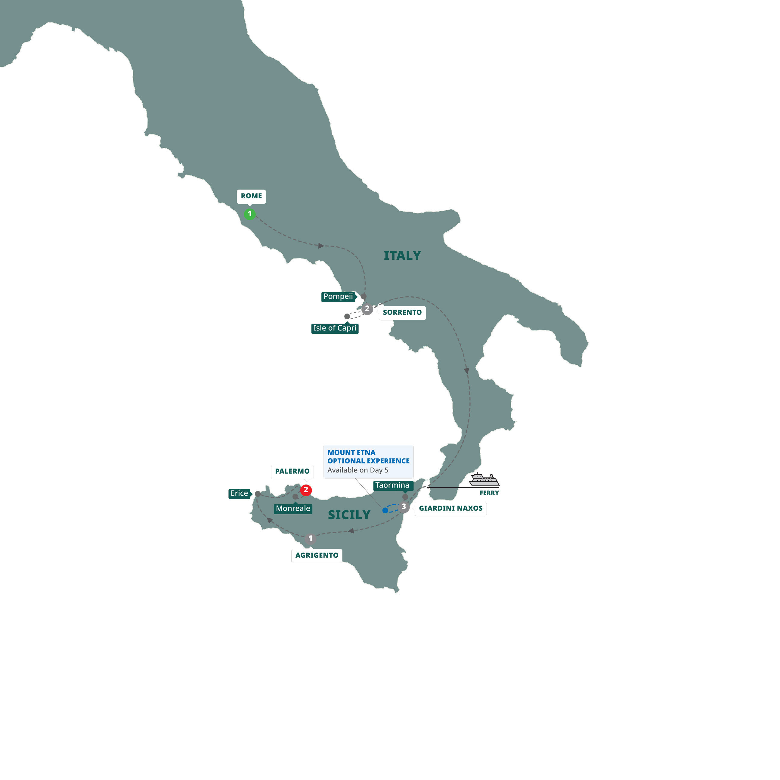 A map highlighting different stops on the Trafalgar's Southern Italy and Sicily tour