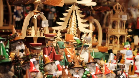 Hand Carved Wooden Christmas Decorations At A Traditional German Christmas Market