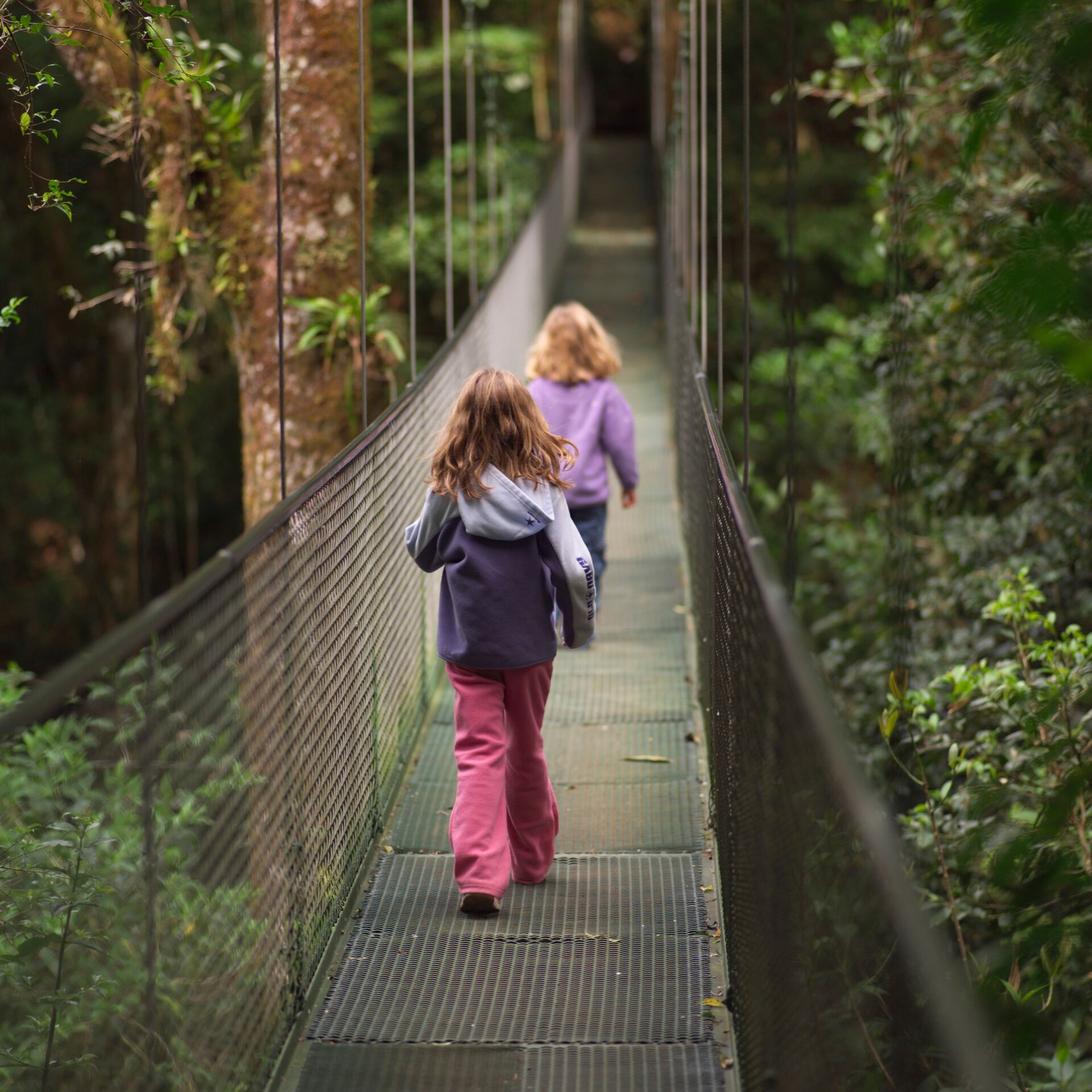 Girls running across a suspension bridge in Costa Rica