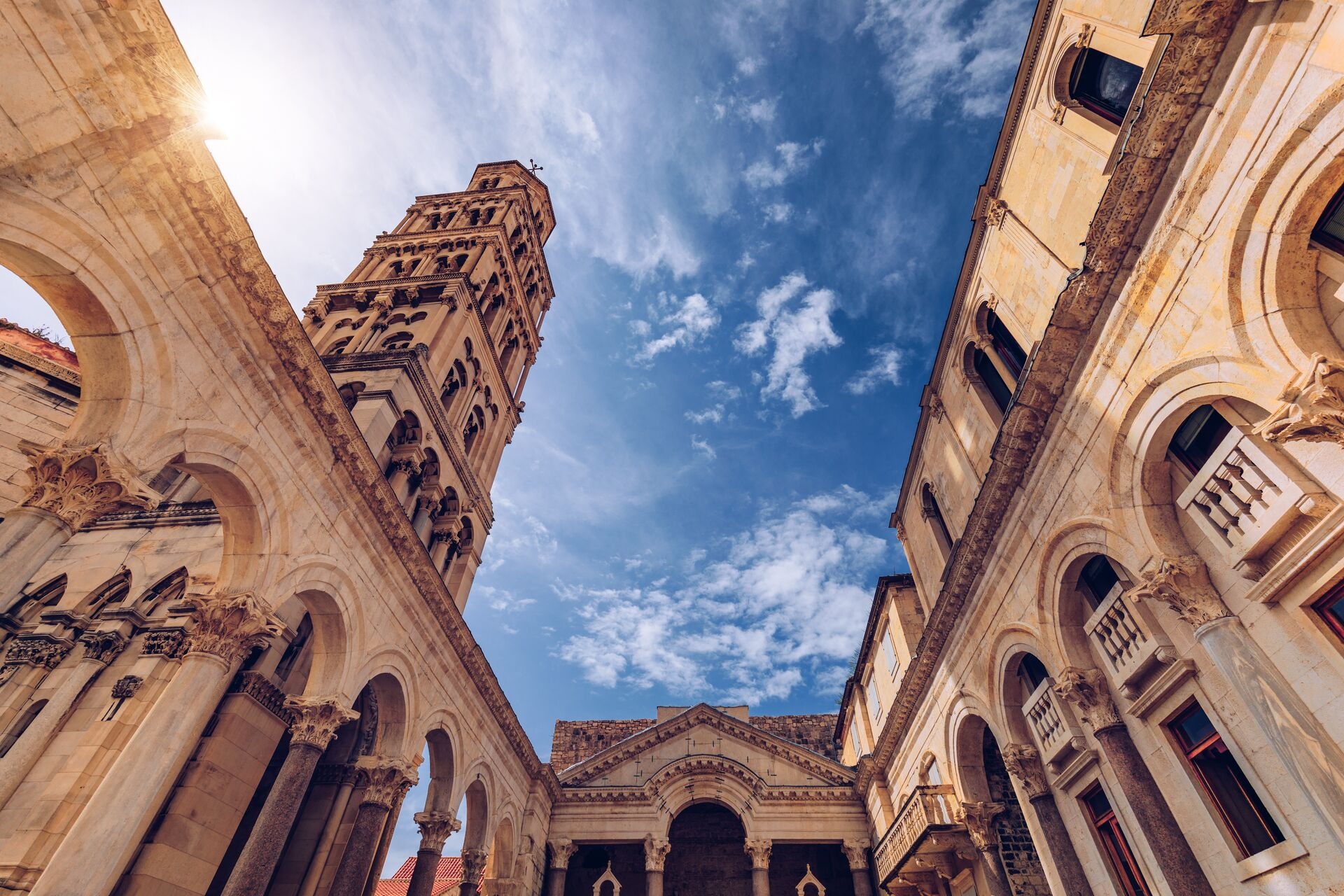 Diocletian S Palace S Peristyle In Front Of Cathedral Of Saint Domnius Bell Tower In Split Croatia