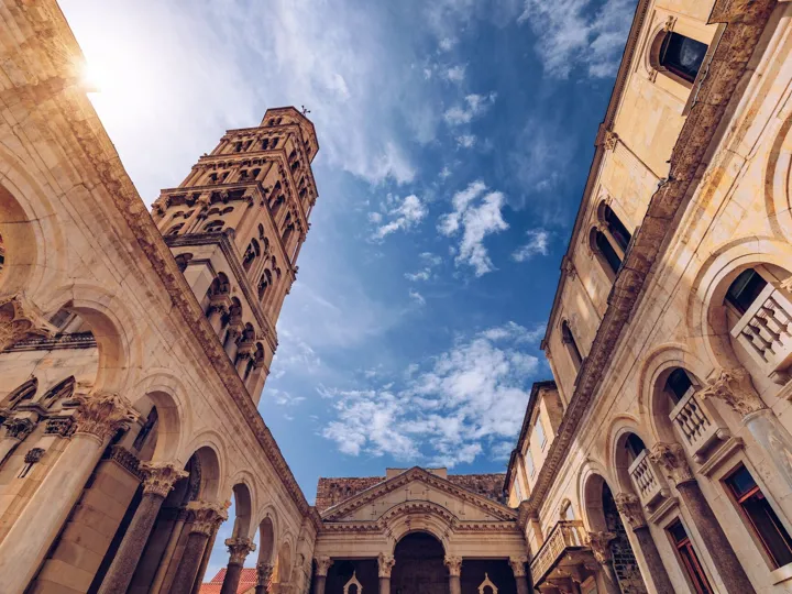 Diocletian S Palace S Peristyle In Front Of Cathedral Of Saint Domnius Bell Tower In Split Croatia