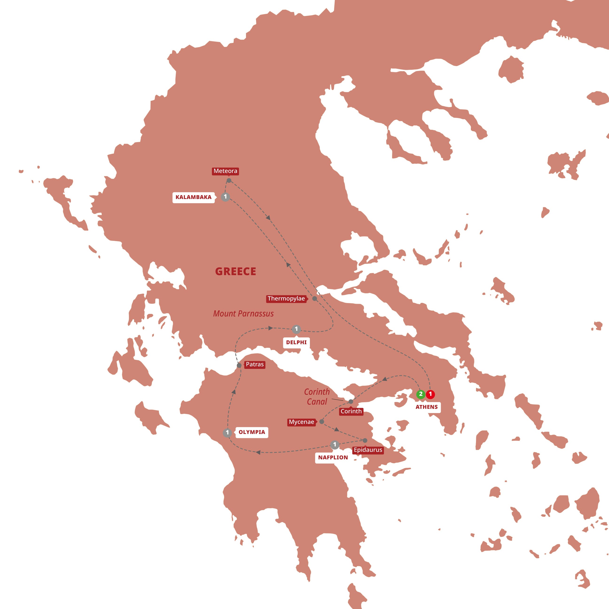 A map highlighting different stops on the Trafalgar Best of Greece tour
