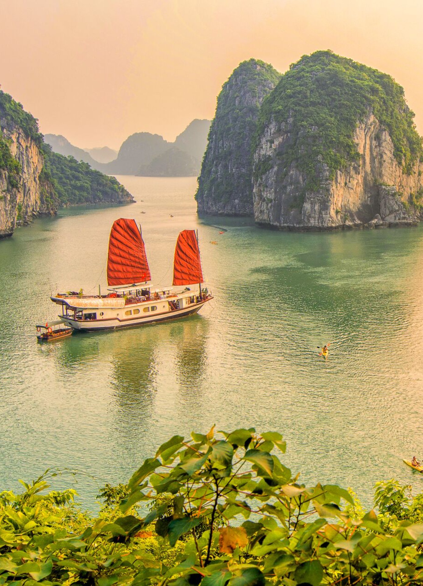Ship heading through Ha Long Bay in Vietnam