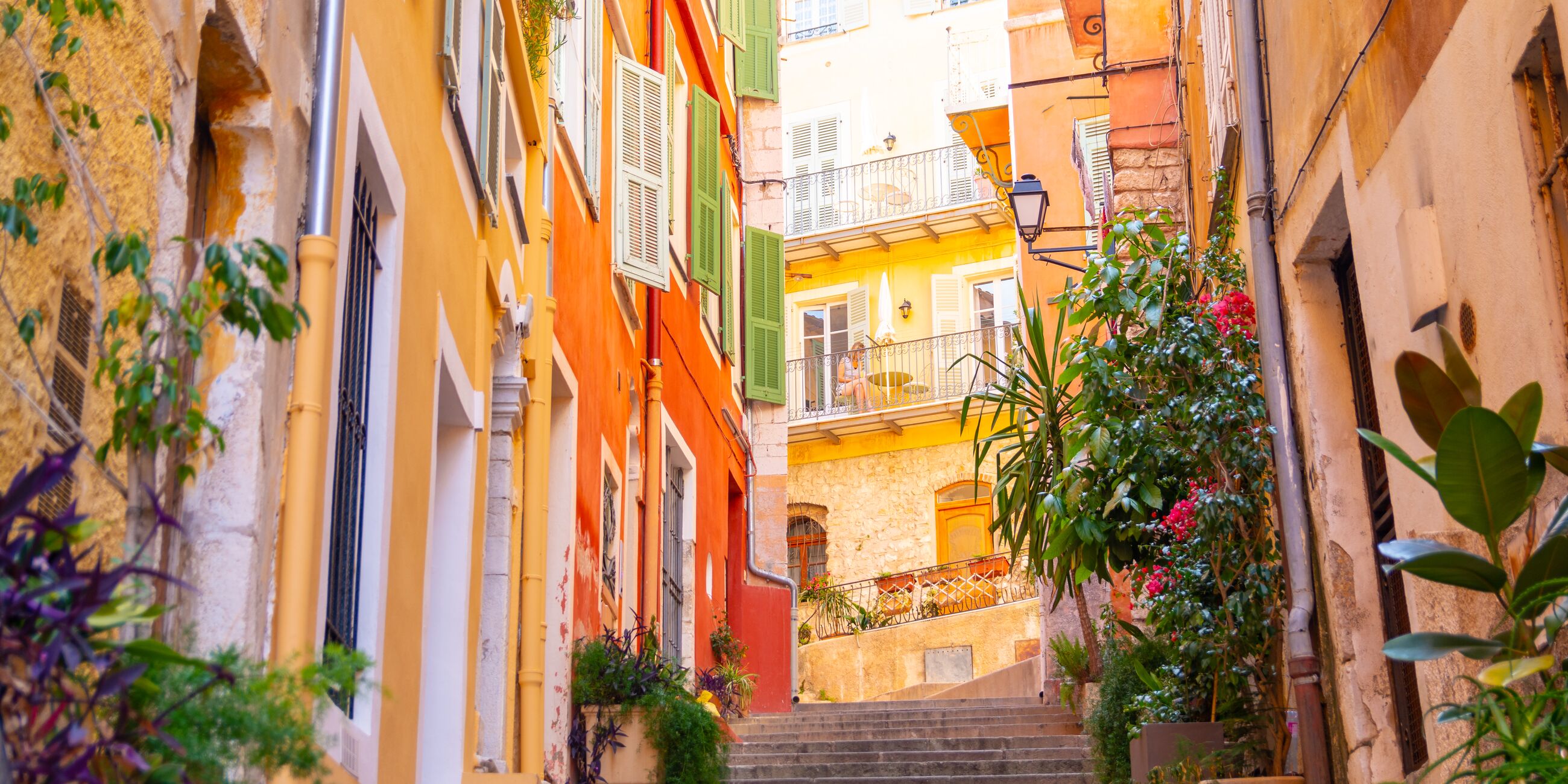 French Riviera Villefranche old city streets in historic city center near sea promenade in Monaco