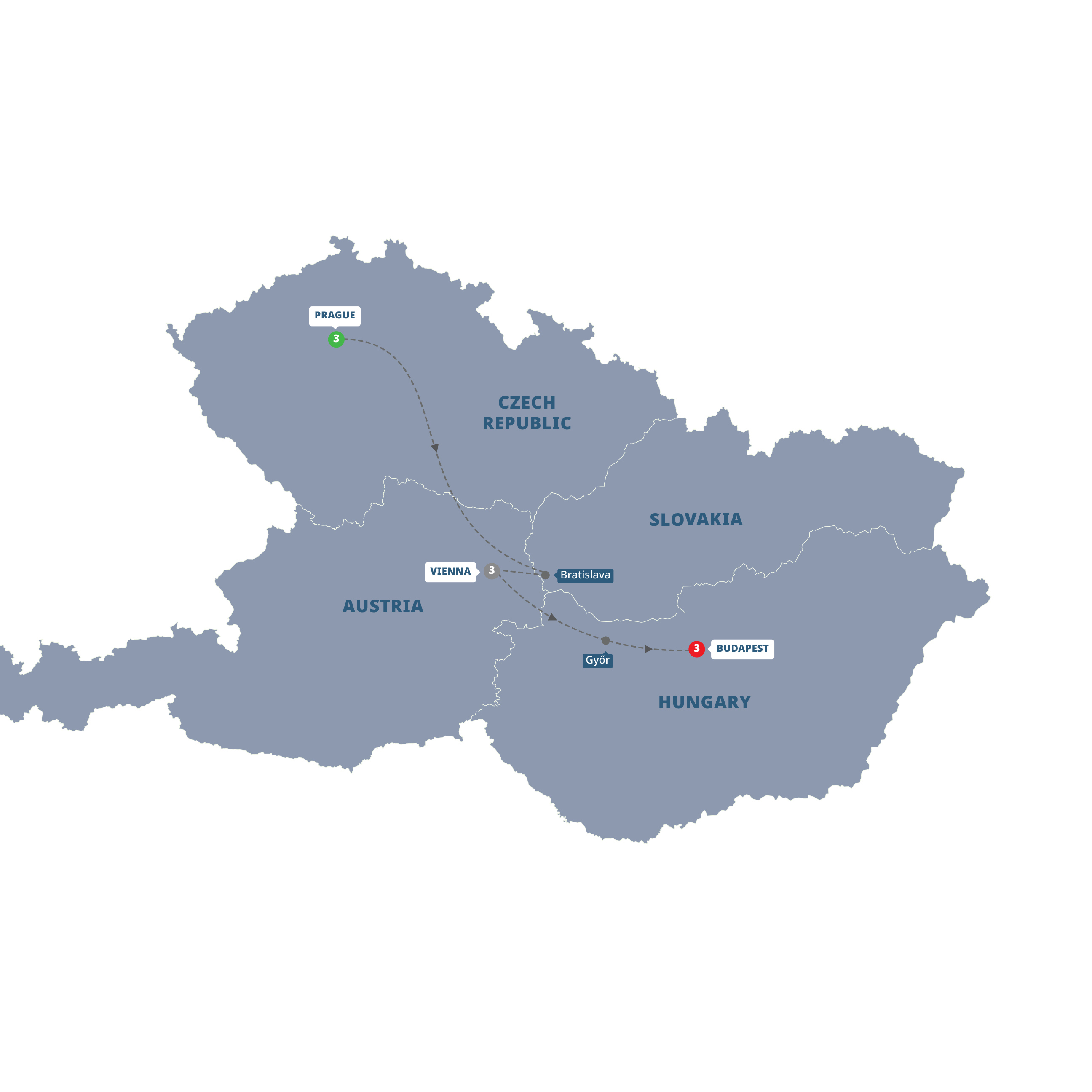 A map highlighting different stops on the Trafalgar Prague, Vienna & Budapest tour