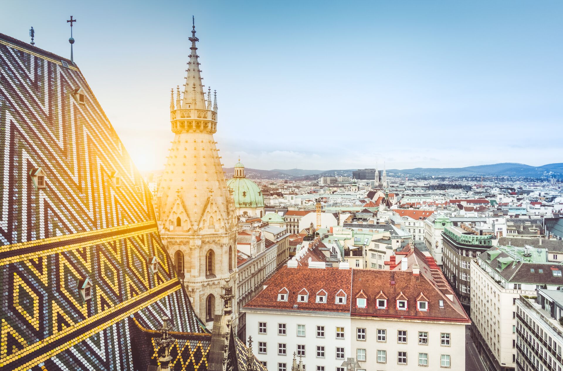 Vienna skyline with St Stephen's cathedral roof in the foreground, Austria