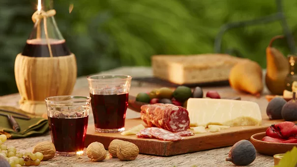 Italian appetizers with salami, cheese and wine