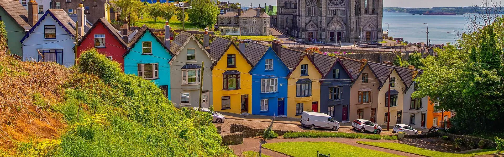 Colorful Houses Steep Hill Gothic Cathedral In Ireland