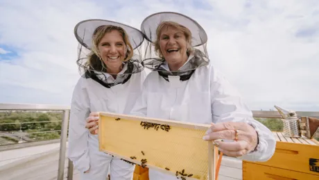 Briony and Heather beekeeping in Prague, Czech Republic