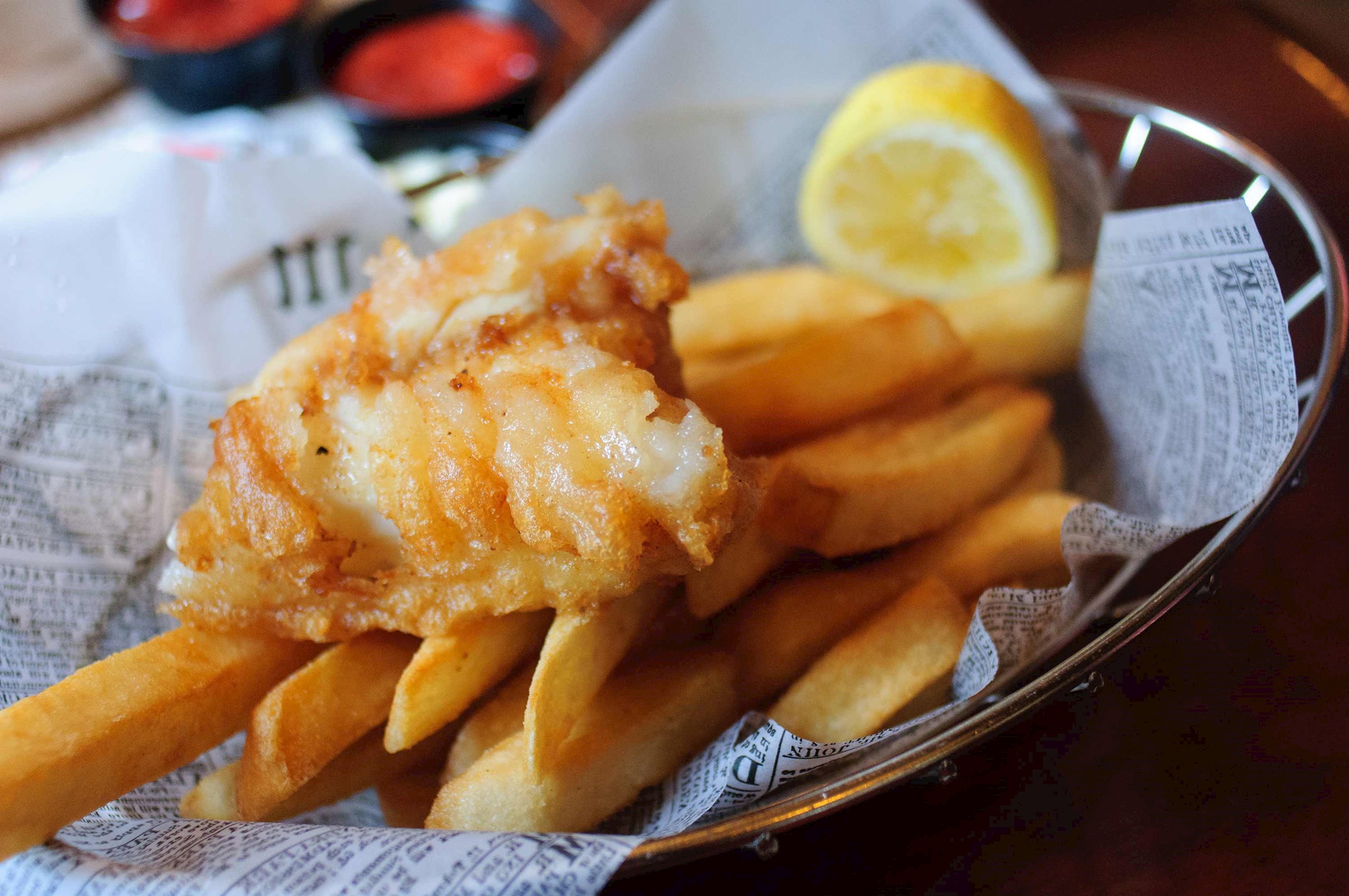 A close-up of a fish and chips plate in Belfast, Northern Ireland