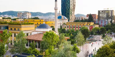 Aerial view of Skanderbeg Square (Sheshi Skënderbej) in Tirana, Albania